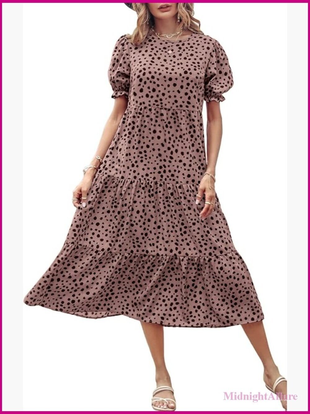Floral Boho Midi Dress Puff Short Sleeve Flowy Beach Sundress